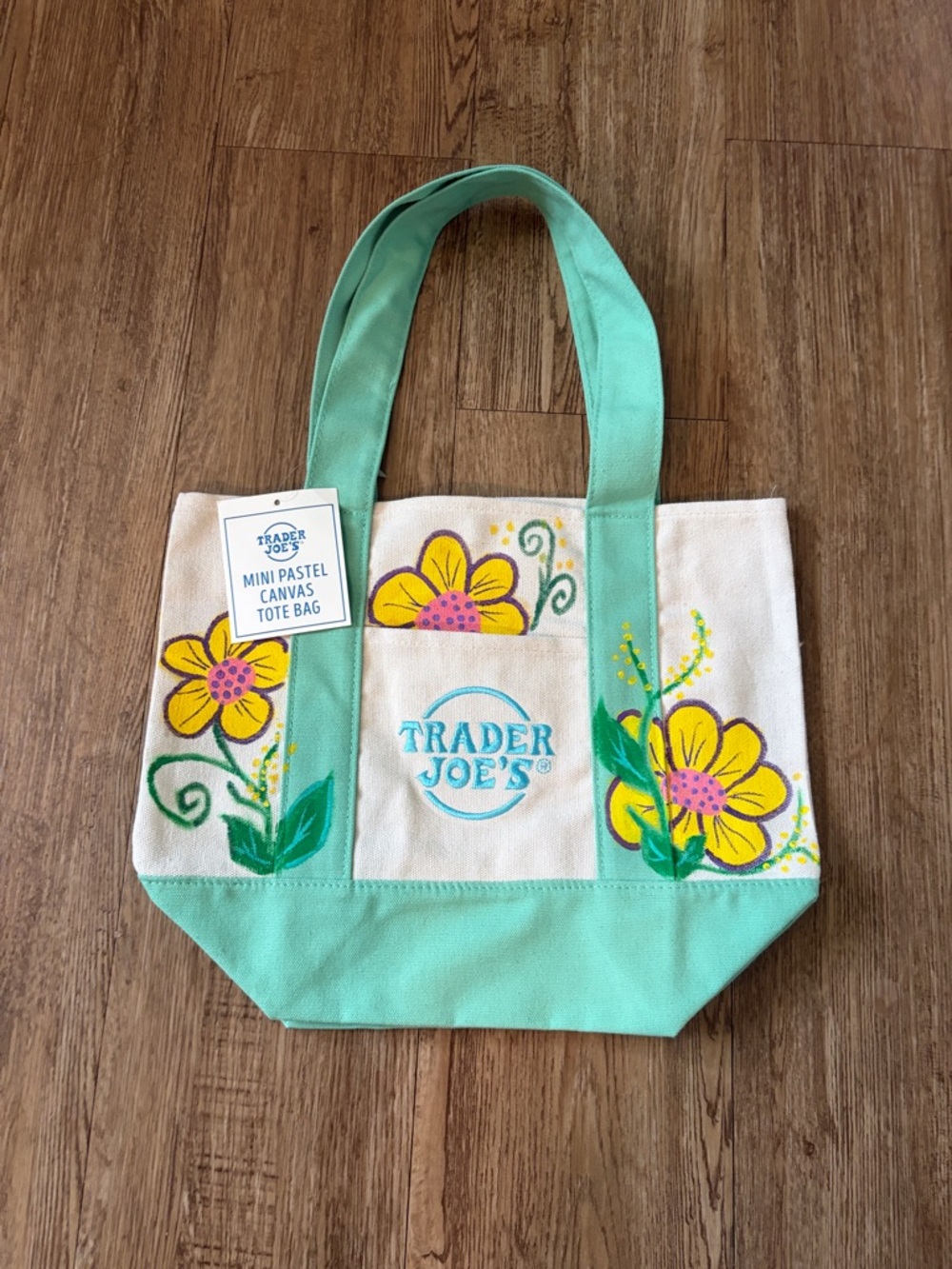 TRADER JOE’S  Mini Mint Green Canvas Tote Floral Painting by @sails66 13”x11”